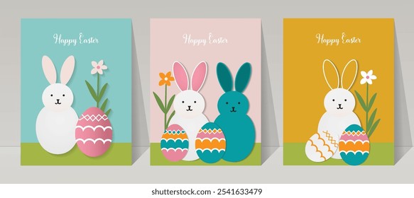 Happy Easter greeting card vector set of colorful flat geometric rabbit animal mosaic with spring nature ,flyer, banner, social media poster 