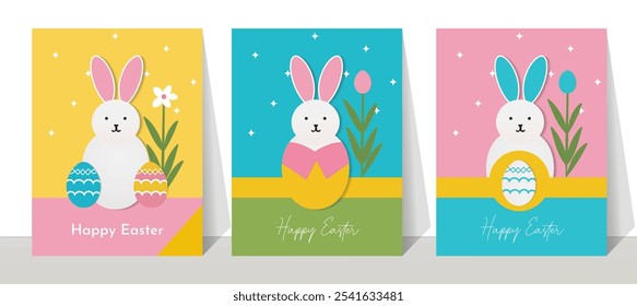 Happy Easter greeting card vector set of colorful flat geometric rabbit animal mosaic with spring nature ,flyer, banner, social media poster 