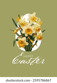 Happy Easter greeting card. Vector illustration with daffodils flowers bouquet.