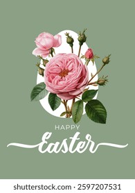 Happy Easter greeting card. Vector illustration with wild rose flower.