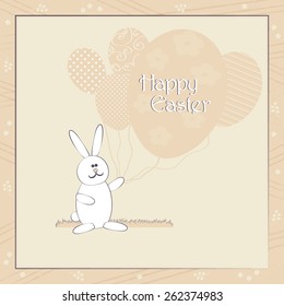 Happy Easter greeting card vector illustration in pastel colors. Cute Easter Bunny with balloons resembling egg shape. Traditional Spring holiday invitation & greeting card template. Layered editable.