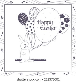 Happy Easter greeting card vector illustration. Cute Easter Bunny with balloons resembling egg shape. Traditional Spring holiday invitation & greeting card template. Layered editable. Sample text.