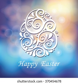 Happy Easter greeting Card, vector blurred background.Easter egg shape with swirl pattern,title ,abstract colorful bokeh backdrop.Vector  Easter decoration,logo,symbol,poster,banner