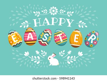Happy Easter greeting card. Vector illustration with funny colorful painted eggs, white flowers and rabbit. Isolated on turquoise background