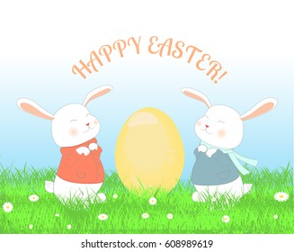 Happy Easter greeting card. Vector illustration. Cute rabbits with egg. Pretty bunny.