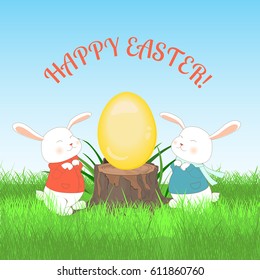 Happy Easter greeting card. Vector illustration. Cute rabbits with egg. Two pretty bunny with big egg on stump.