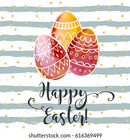 Happy Easter greeting card, vector hand drawn festive design. Colorful holiday background with doodle eggs.