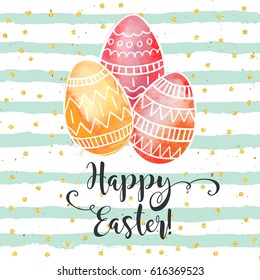 Happy Easter greeting card, vector hand drawn festive design. Colorful holiday background with doodle eggs.