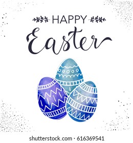 Happy Easter greeting card, vector hand drawn festive design. Colorful holiday background with doodle eggs.