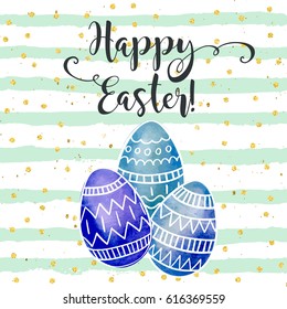 Happy Easter greeting card, vector hand drawn festive design. Colorful holiday background with doodle eggs.