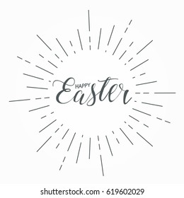 Happy Easter Greeting Card with Vintage hand drawn sunburst vector illustration