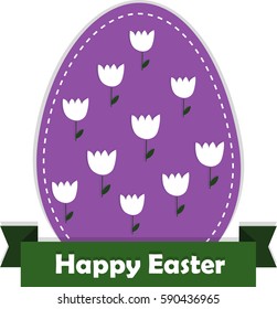 Happy Easter greeting card. Violet  Egg silhouette with flowers. Hand drawn vector illustration. Sticker.