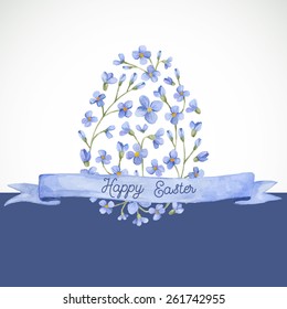 Happy Easter greeting card. Watercolor Easter egg with flowers, ribbon and  lettering.  Hand drawn floral watercolor background.