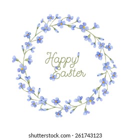 Happy Easter greeting card. Watercolor wreath with spring flowers, branches and lettering.  Hand drawn floral watercolor background.