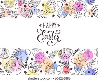 Happy Easter greeting card with watercolor spots on background. Easter eggs composition hand drawn black on white. Decorative horizontal frame from eggs with leaves and calligraphic wording.