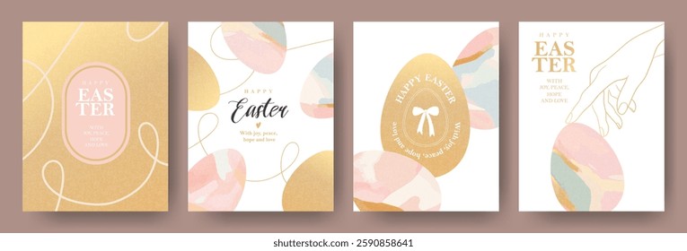 Happy Easter greeting card or web banner set. Elegant and trendy design template for Easter holiday. Luxury minimalist collection of Easter card with a watercolor illustration of an Easter eggs