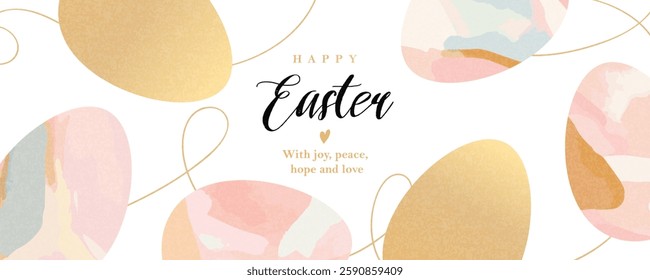 Happy Easter greeting card or web banner. Elegant and trendy design template for Easter holiday. Luxury minimalist background for Easter card with a watercolor illustration of an Easter eggs on white