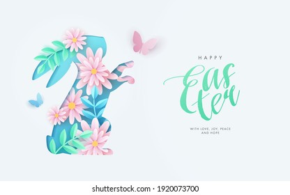 Happy Easter greeting card, website banner, poster, flyer or holiday cover. Trendy modern design in paper cut style with cute bunny, spring flowers and leaves in pastel colors, typography and wishes