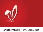 Happy Easter greeting card with white paper cut Easter Bunny Ears isolated on a red background,vector illustration