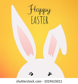 Happy Easter greeting card with white rabbit. Vector illustration in flat style with cartoon cute bunny. 