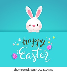 Happy Easter greeting card with white rabbit and eggs. Easter bunny