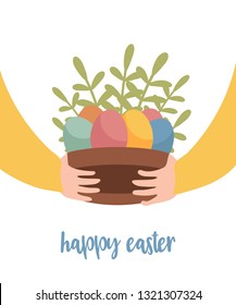 Happy Easter greeting card, white background. Hands holding basket or plate with colored decorated eggs, carrots and grass. Cute cartoon style, Scandinavian hygge mood. Vector illustration.