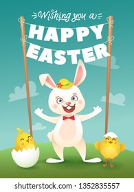 Happy Easter Greeting Card with White Bunny and Letter Garland. Cute Easter Bunny, Chicks in White Eggs. Vector illustration
