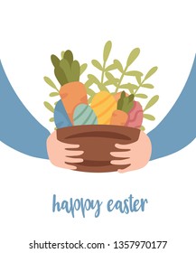 Happy Easter greeting card, white background. Hands holding basket or plate with colored decorated eggs, carrots and grass. Cute cartoon style, Scandinavian hygge mood. Vector illustration.