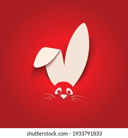 Feliz tarjeta de felicitación de Pascua con papel blanco recortado Easter Bunny Ears aislado en un fondo rojo