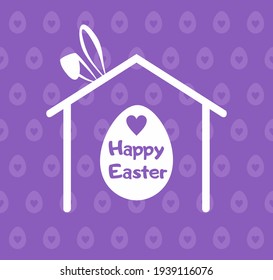 Happy Easter greeting card. White egg with text and heart inside white house with easter bunny ears on a purple background with pattern of eggs