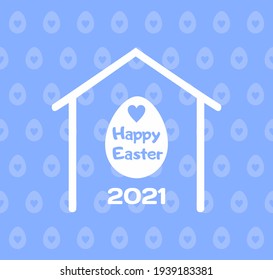 Feliz tarjeta de felicitación de Pascua. Huevo blanco con texto y corazón dentro de casa blanca sobre un fondo azul con patrón de huevos