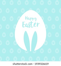 Happy Easter greeting card. White egg with easter bunny ears on a pastel blue background with pattern of eggs