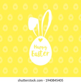 Happy Easter greeting card. White egg with easter bunny ears on a yellow background with pattern of eggs