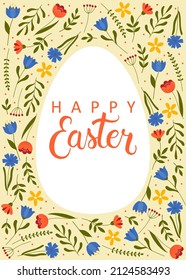 Happy Easter greeting card. White egg on floral pattern. Template for poster, greeting card, invitation or postcard.