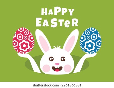 Happy Easter greeting card with a white bunny holding Easter eggs. Vector illustration.