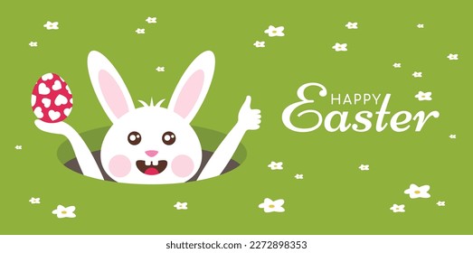 Happy Easter, greeting card with a white bunny holding an Easter egg and giving a thumb up. Vector illustration.