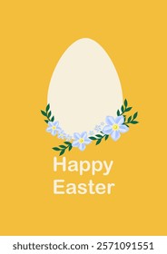 Happy Easter greeting card. The white egg framed by a flower arrangement of blue forget-me-nots. A4 vector illustration for poster, banner, card, postcard.