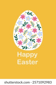 Happy Easter greeting card. White egg with blue and pink flowers and leaves. Floral pattern. A4 vector illustration for poster, banner, card, postcard