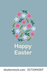 Happy Easter greeting card. White egg with blue and pink flowers and leaves on the grey background. A4 vector illustration for poster, banner, card, postcard.