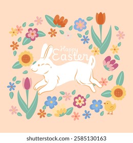 Happy easter greeting card with a white bunny jumping surrounded by colorful flowers and a small chick