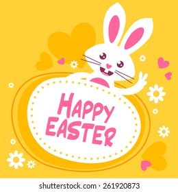 Happy Easter greeting card with white cute bunny