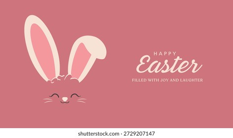 Happy Easter greeting card with white and pink Easter Bunny isolated on a pink background, vector minimal illustration