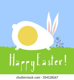 Happy Easter greeting card with white Rabbit as egg, which carries a bouquet of spring flowers in the mouth. Happy Easter Hand-written Lettering
