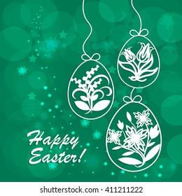 Happy Easter greeting card. White ornamental eggs hanging on strings on green background with stars and circles. 