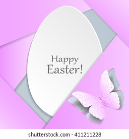 Happy Easter greeting card. White egg and pink butterfly with plant pattern cut out of paper. Material design style.