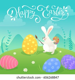 Happy Easter greeting card with white cute bunnies drawing on colorful eggs. Fun illustration of rabbits and eggs on grass and Happy Easter text.
