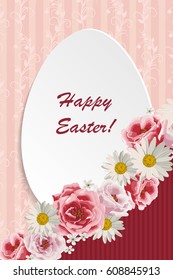 Happy Easter greeting card. White egg and beautiful flowers on striped background. Vector illustration.