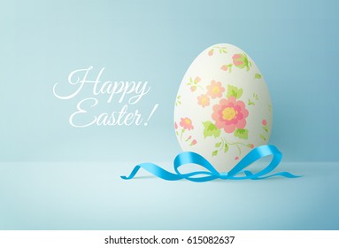 Happy easter greeting card with white egg and blue bow. Easter eggs. Vector illustration