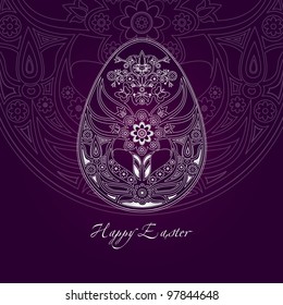 happy easter greeting card with white decorative egg containing folk motifs