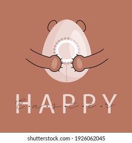 Happy Easter greeting card. Card whith hand-drawn lettering. Light pink color Easter egg whith spring flower and cute bear. Holiday greetings. Cards, postcards, tags, covers with animals for kids